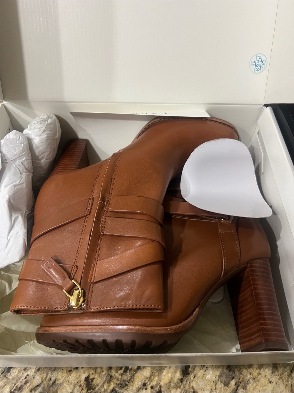Lauren Ralph Lauren Cognac Leather Stacked Heel Ankle Boots